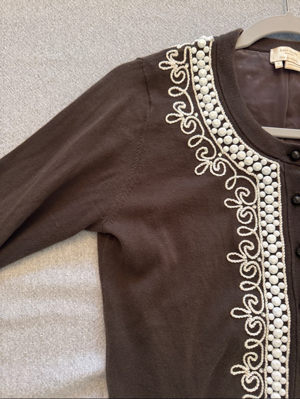 kate spade Brown Cardigan with White Pearl & Embroidered Trim
